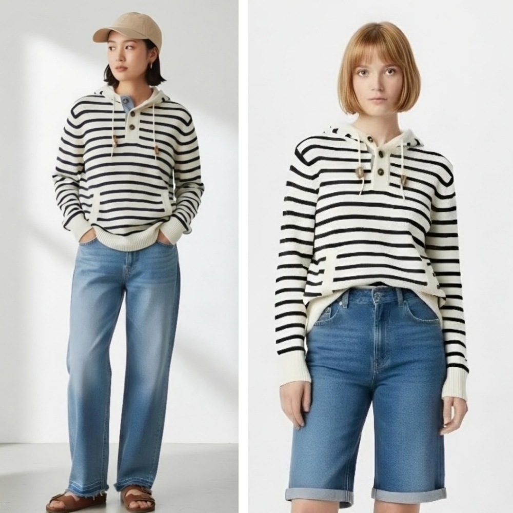 H&M LOGG Henley Nautical Stripes Sailor Cotton Knit Hoodie Pullover Sweater